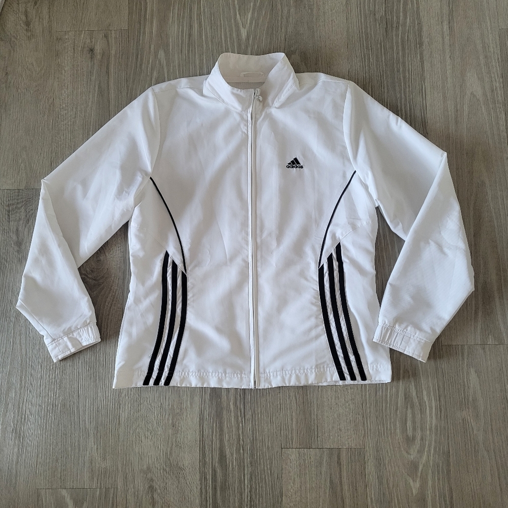 Adidas Classic White Track Jacket with Black Stripes Running Gear